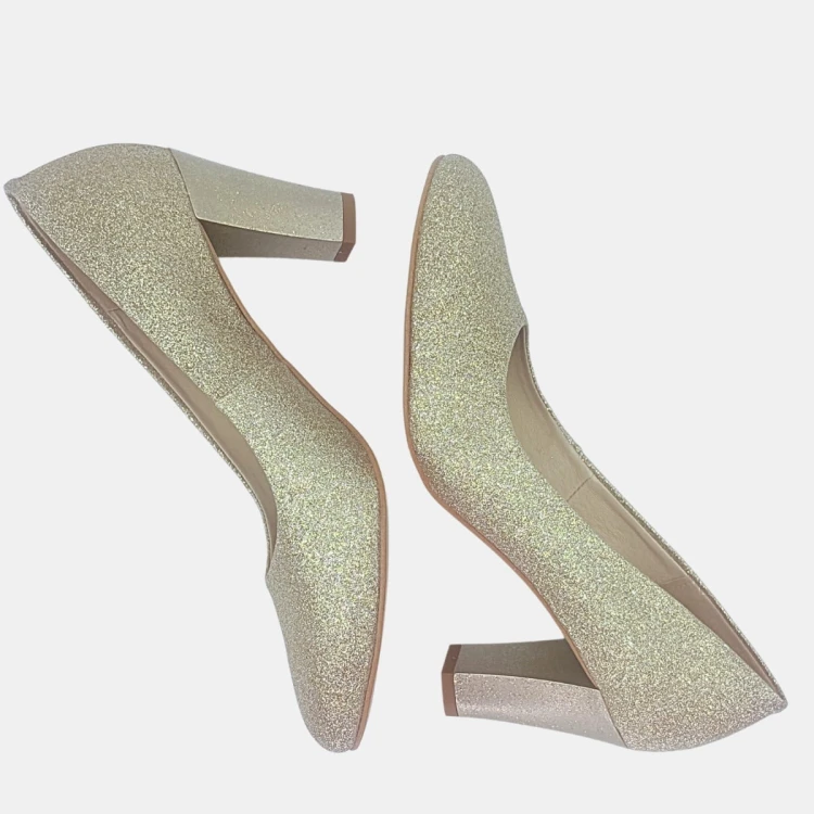 Czółenka złoty brokat Zan Zara ,słupek 7,5 cm.nosek okrągły