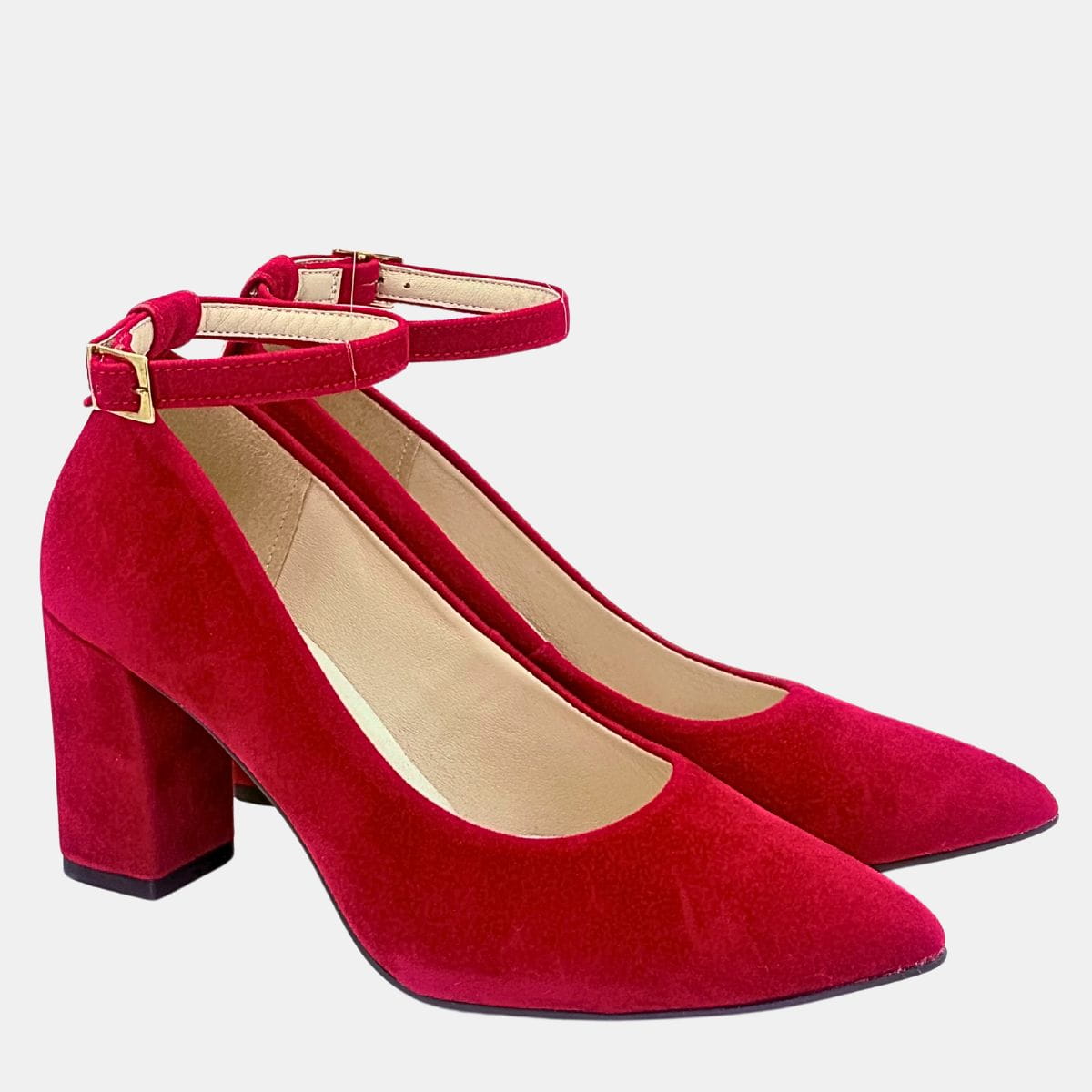 Czerwone czółenka zamszowe Zan Zara na słupku 6 cm z paskiem