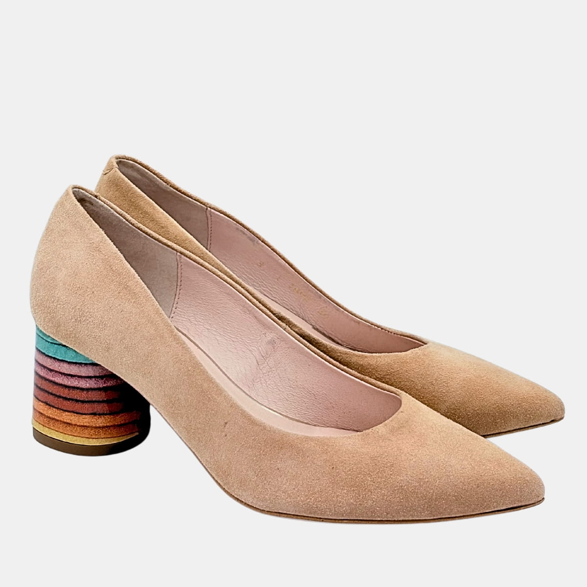 Beżowe czółenka BRAVO MODA – zamsz naturalny, kolorowy klocek 6 cm