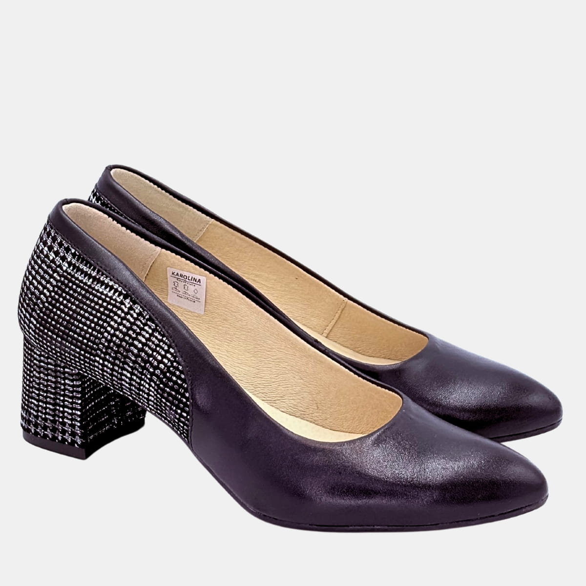 Czarne czółenka KAROLINA – skóra naturalna, kratka, klocek 5 cm