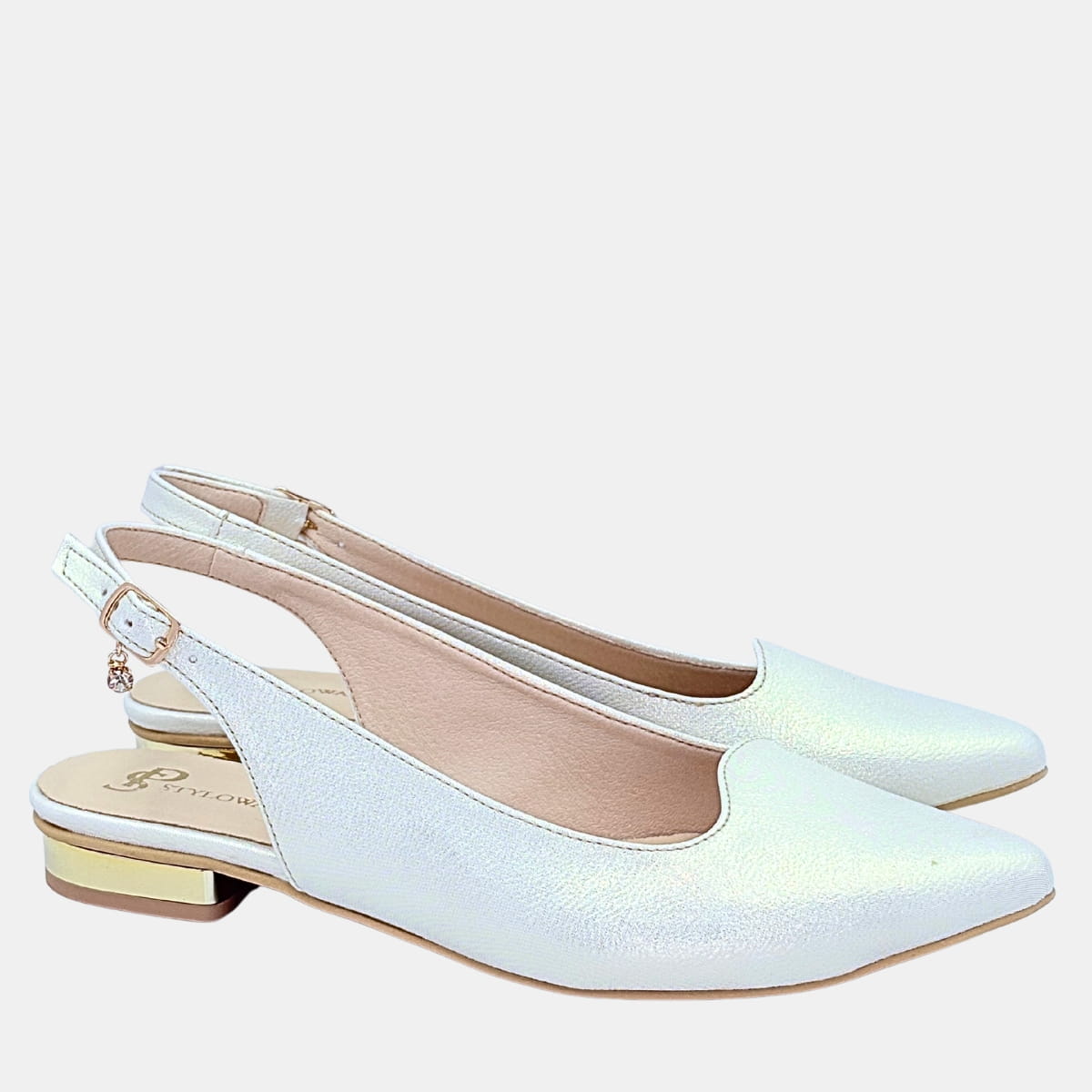 Czółenka damskie STYLOWA PARA jasne złoto z odkrytą piętą, niski obcas