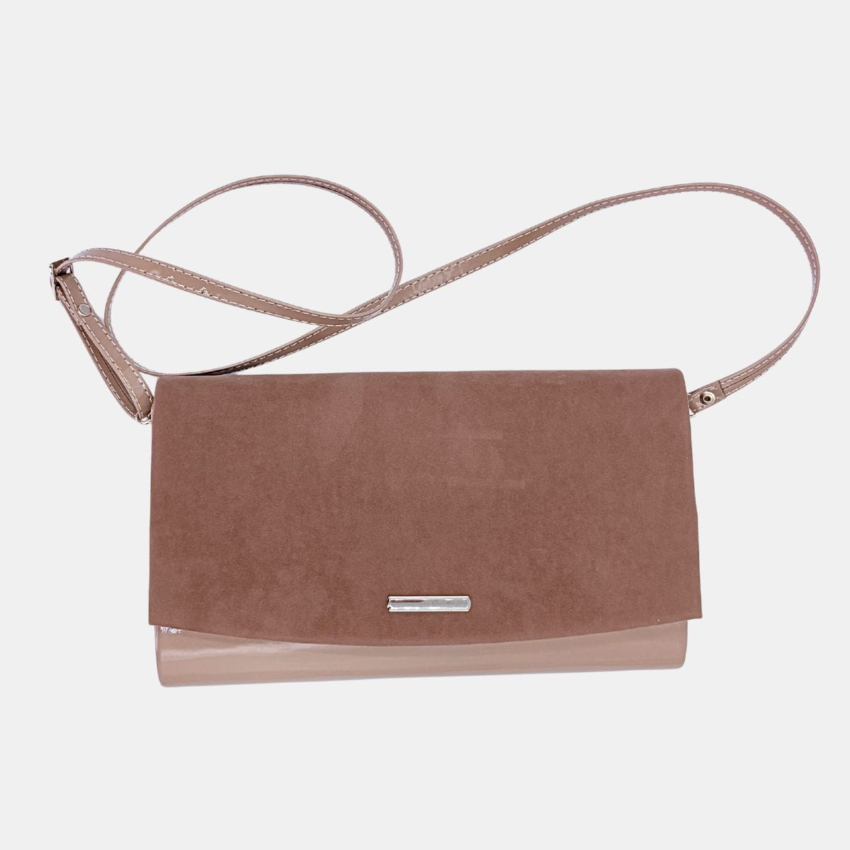 Kopertówka brązowa Stylowa Para – zamsz i lakier, elegancka torebka ślubna i wieczorowa z paskiem