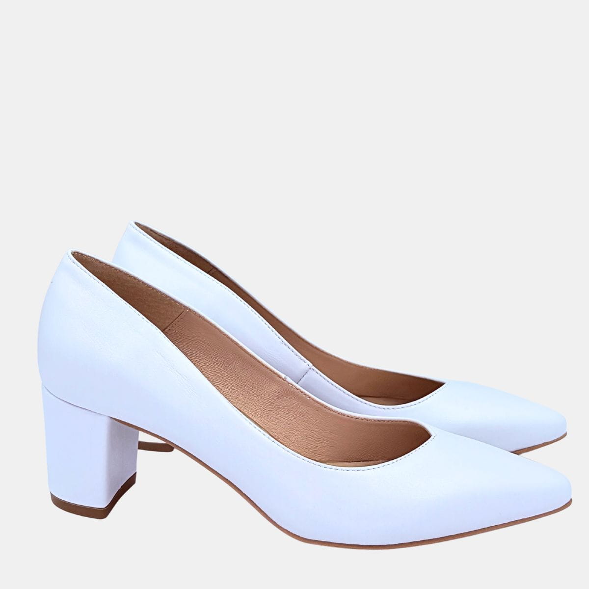 „Czółenka Stylowa Para Biała Perła ze skóry naturalnej na słupku 5,5 cm”