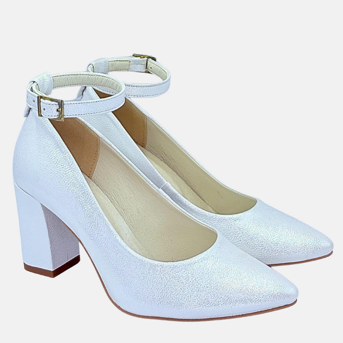 Perłowo-srebrne czółenka Zan Zara – słupek 6 cm, pasek, eleganckie buty damskie na wesele i uroczystości